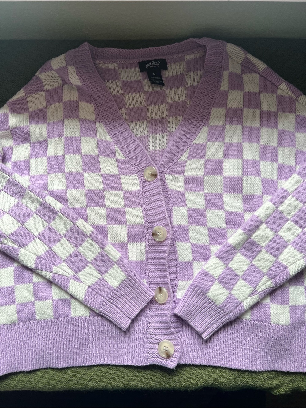 Lavender & White Checkerboard V-Neck Cardigan Sweater